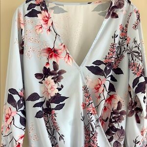 Blue and Pink Floral Wrap Style Blouse with Long Sleeves size M